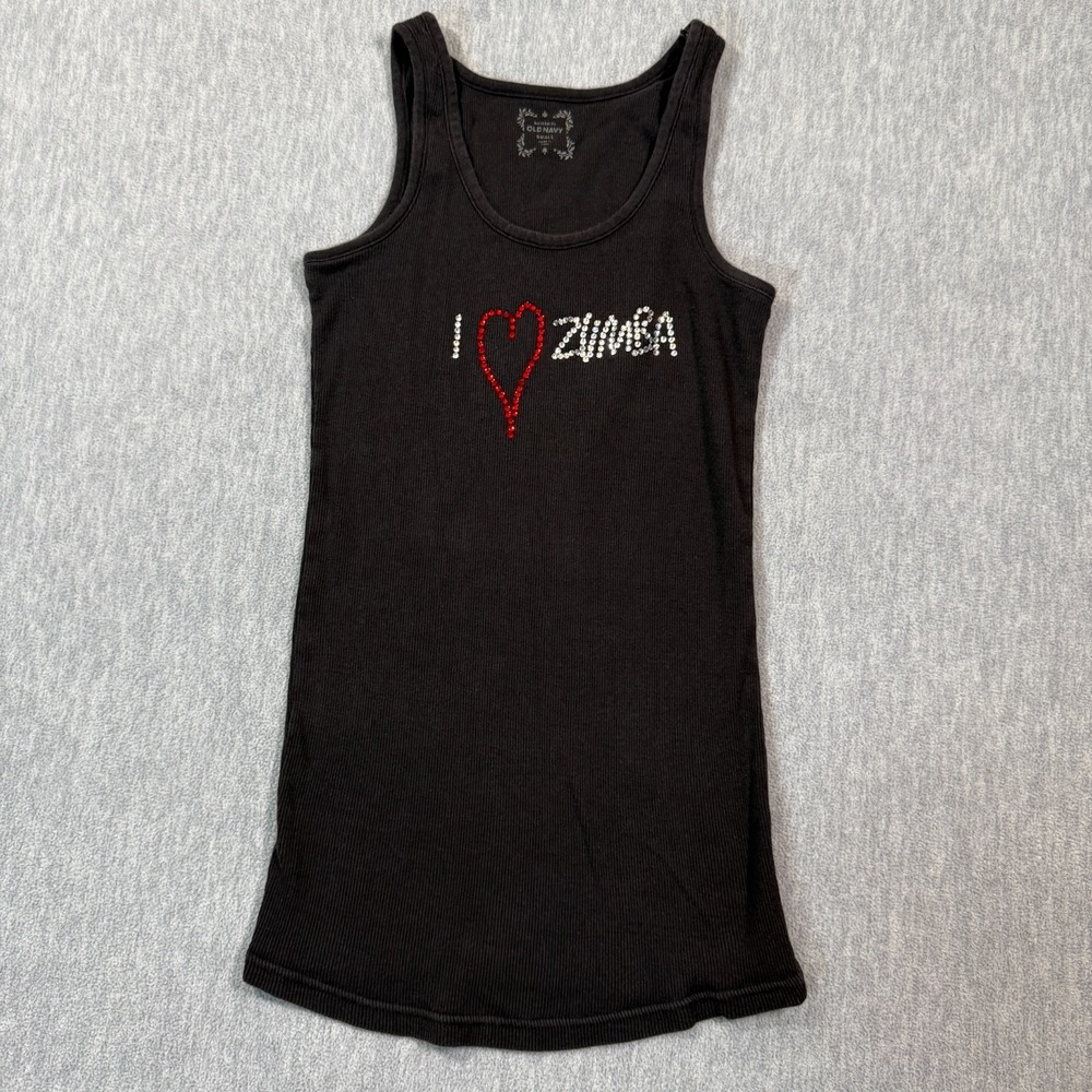 Old Navy Tank Top Womens S Black Maternity I Love Zumba Rhinestone Graphic Ribbe